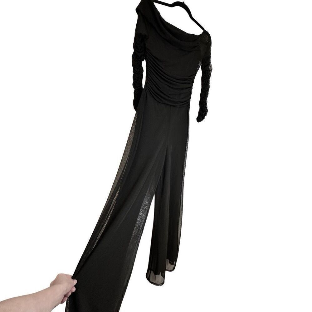 Venus Ruched Sheer Mesh Lined Off The Shoulder Long Sleeve Jumpsuit Black XS